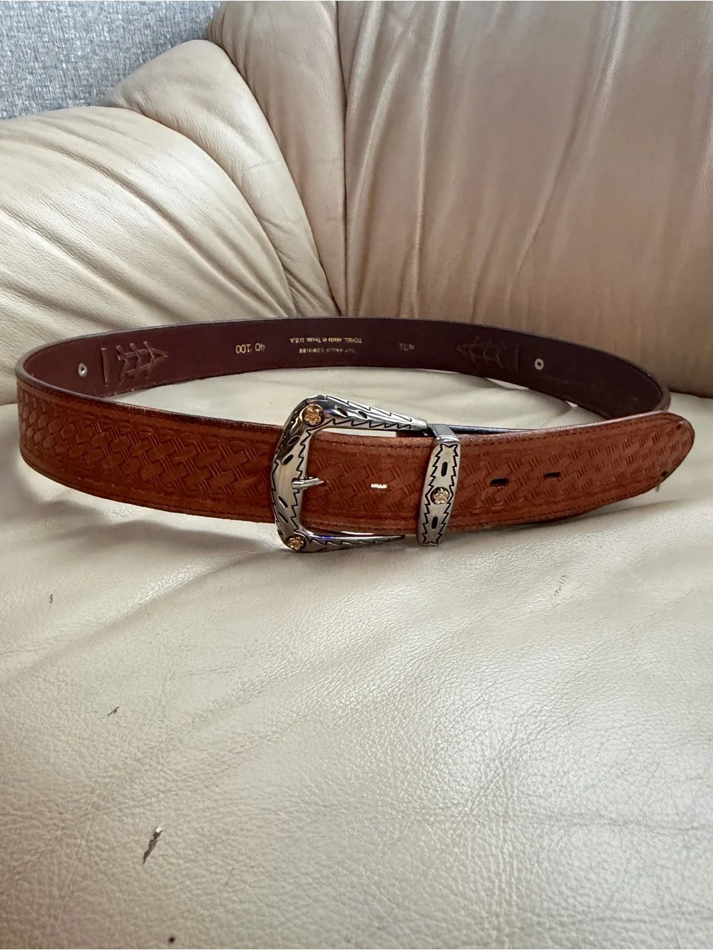 Vintage TOREL 40/100 Top Grain Cowhide Leather Western Belt Texas Tooled Boho US